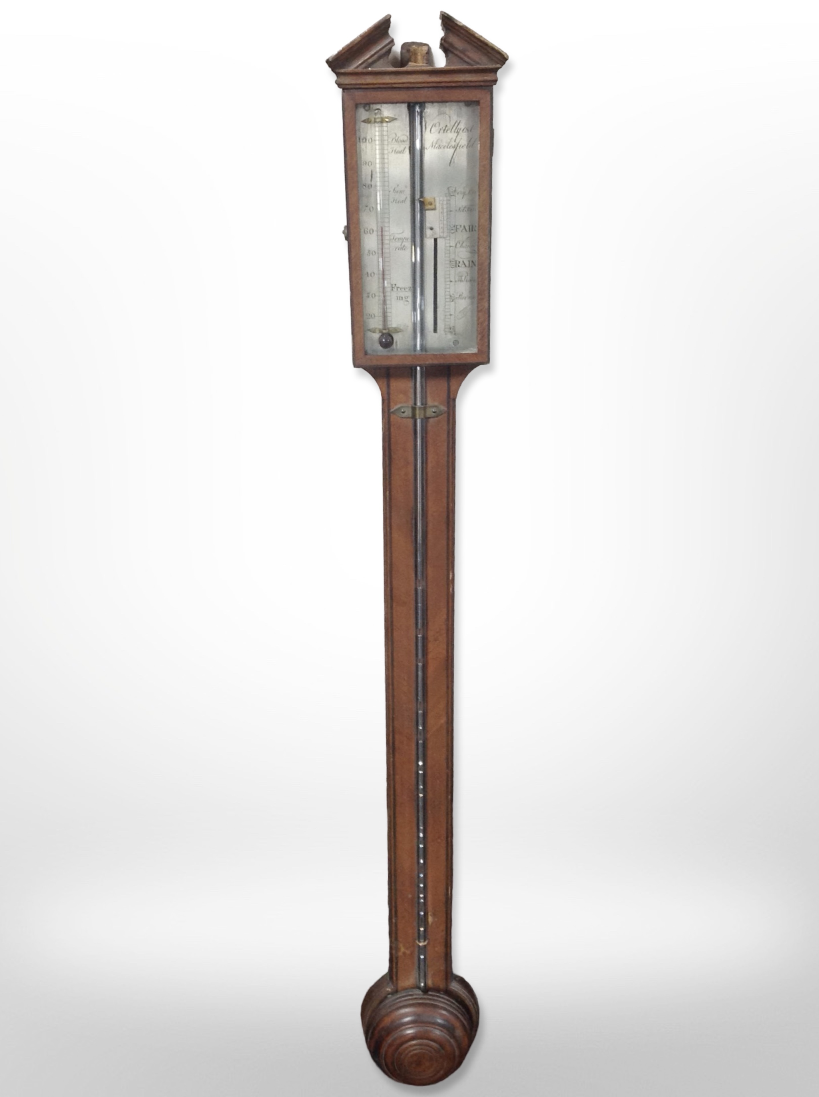 A 19th-century mahogany mercury stick barometer by Ortelly & Co., Macclesfield, length 97cm.