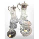 Two claret jugs with silver-plated lids, together with four pieces of lead crystal.