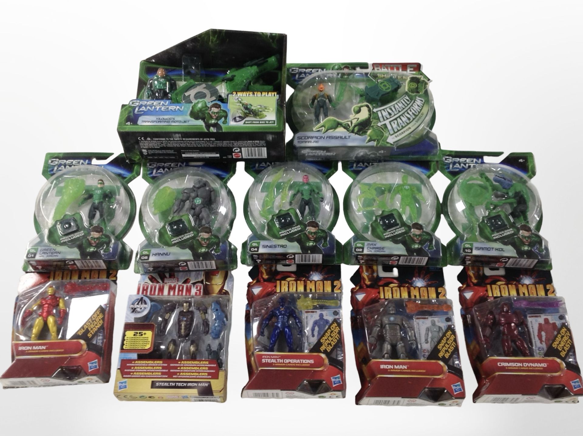 12 Hasbro and Mattel figurines to include Iron Man and Green Lantern, boxed.