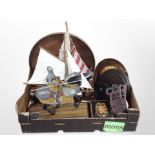 Two model yachts, together with various wooden items, brass model of a cannon,