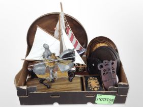 Two model yachts, together with various wooden items, brass model of a cannon,