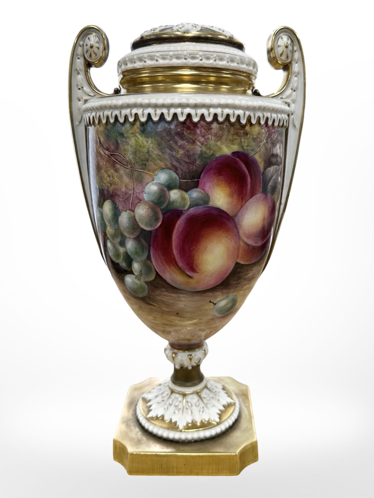 A Royal Worcester Neo-Classical pedestal table lamp hand painted with fruit, - Image 2 of 4