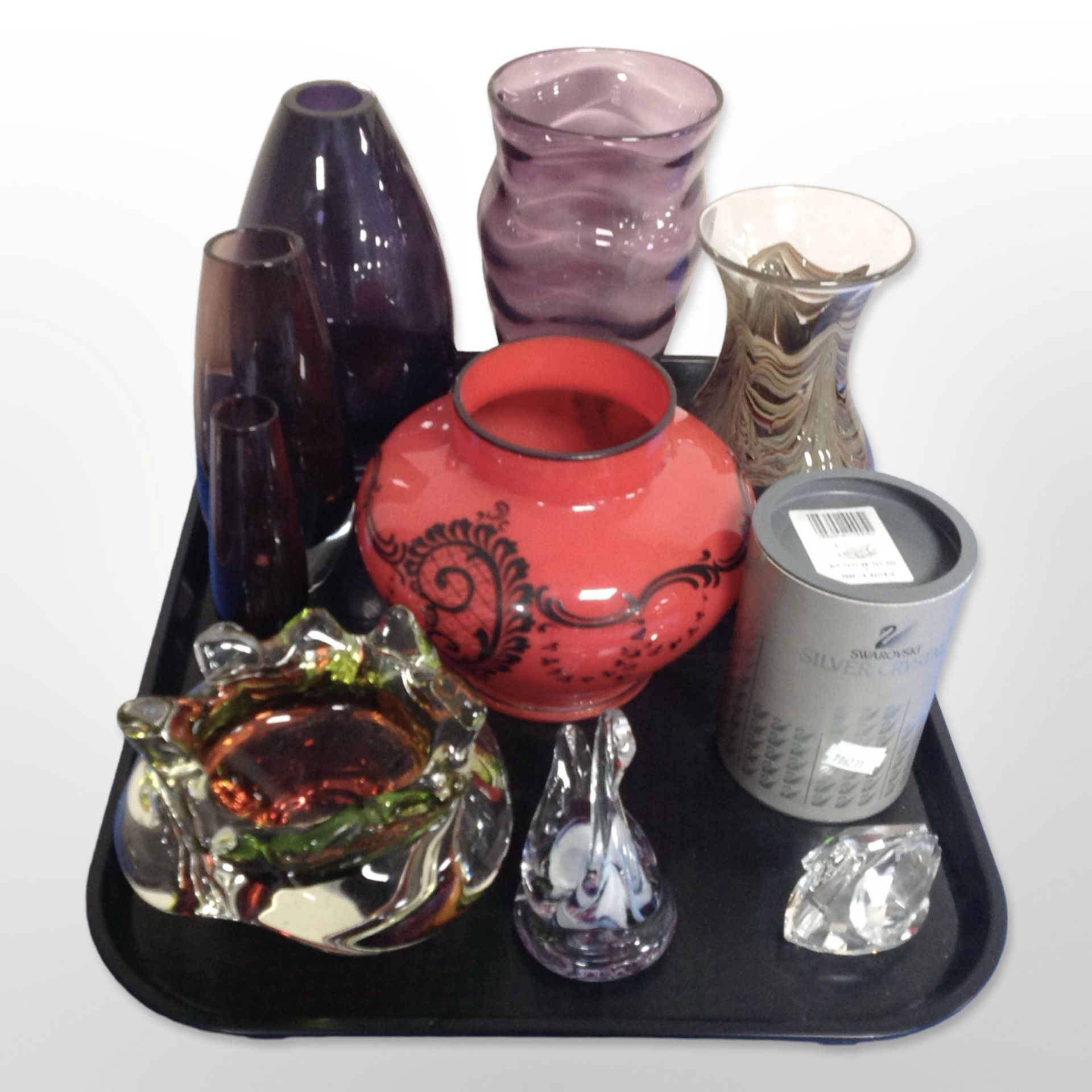 A Webb purple studio glass vase, together with other modern vases, Swarovski crystal swan, etc.