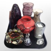 A Webb purple studio glass vase, together with other modern vases, Swarovski crystal swan, etc.