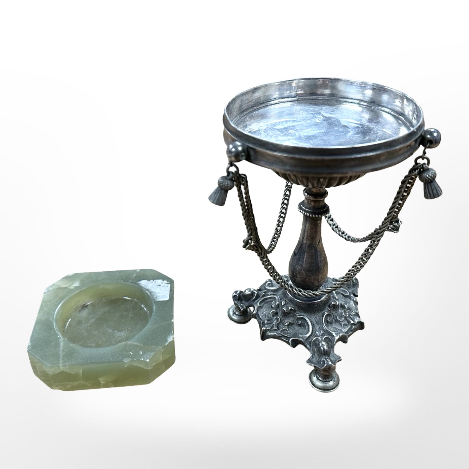 A 19th century EPNS comport stand, height 14cm, and an Art Deco onyx ashtray.