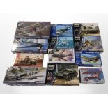 12 Revell, Airfix, and Academy scale modelling sets to include military aircraft and tanks,
