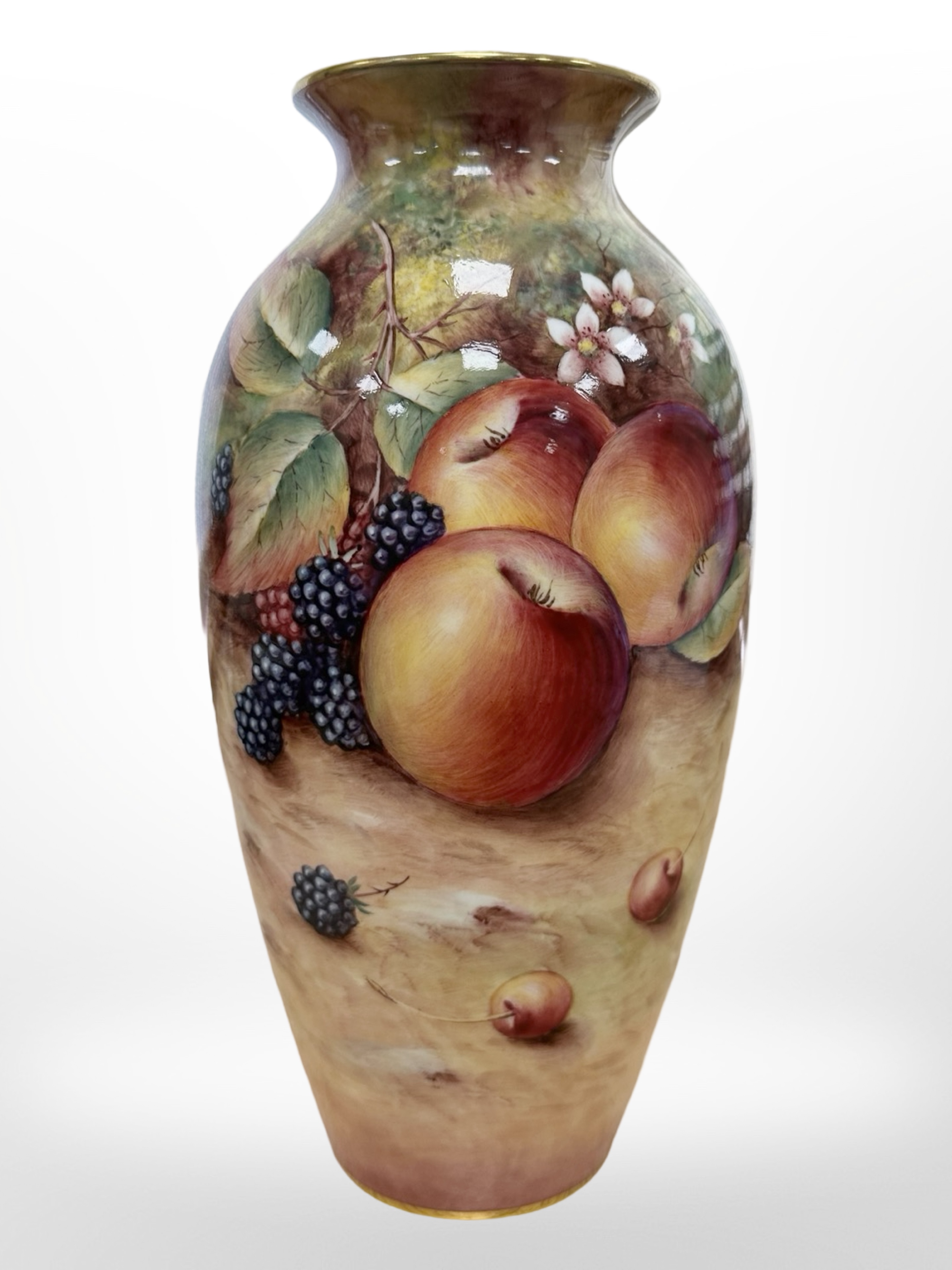 A Royal Worcester vase, hand painted with fruit, black mark to base, numbered 2160, signed T Nutt,