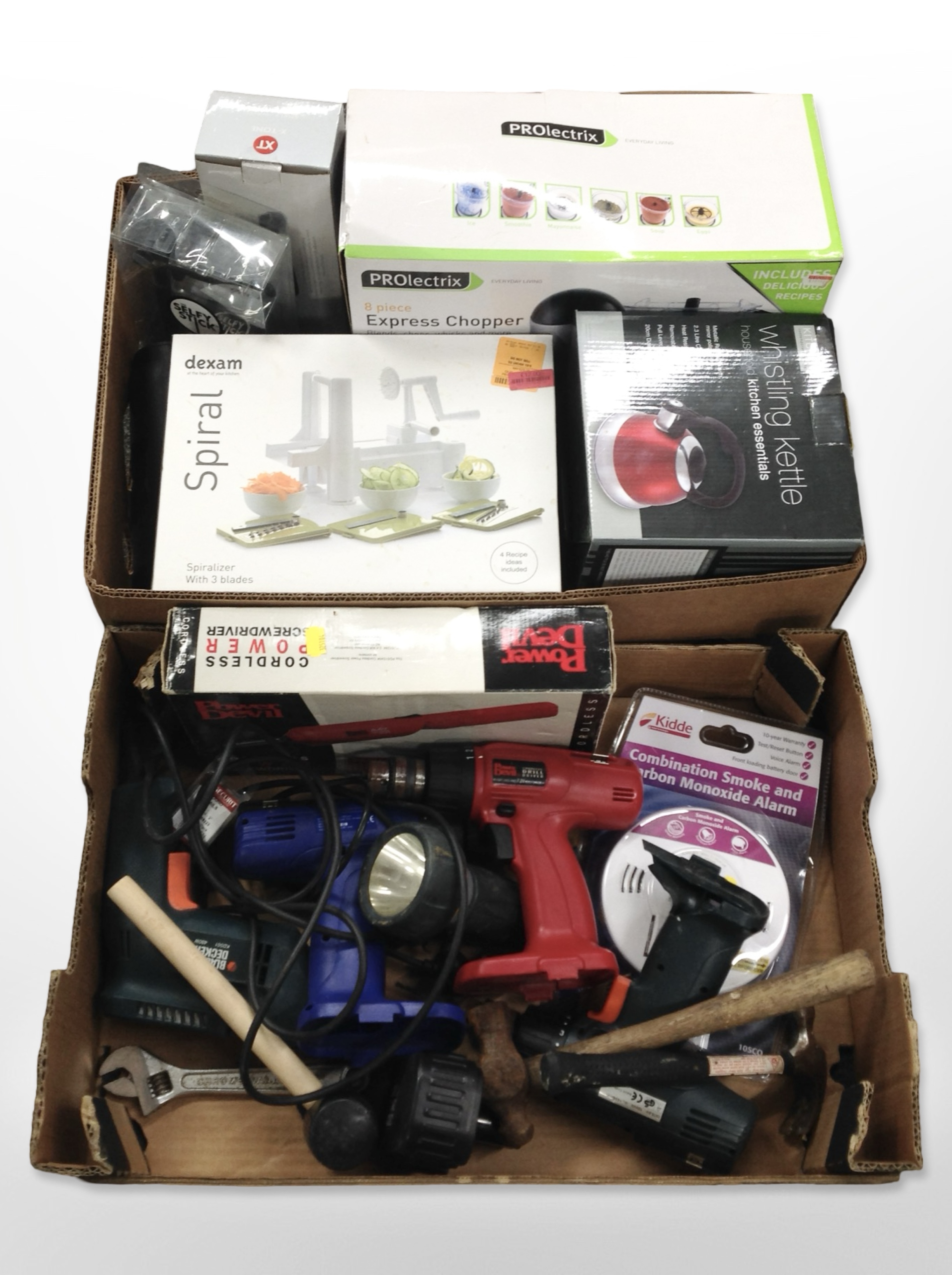 A group of power tools, home kitchen electricals, hand tools.