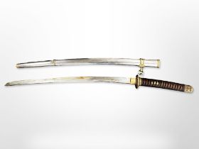 A 19th century-style Japanese samurai sword with brass-mounted saya and leather rope twist tsuka,