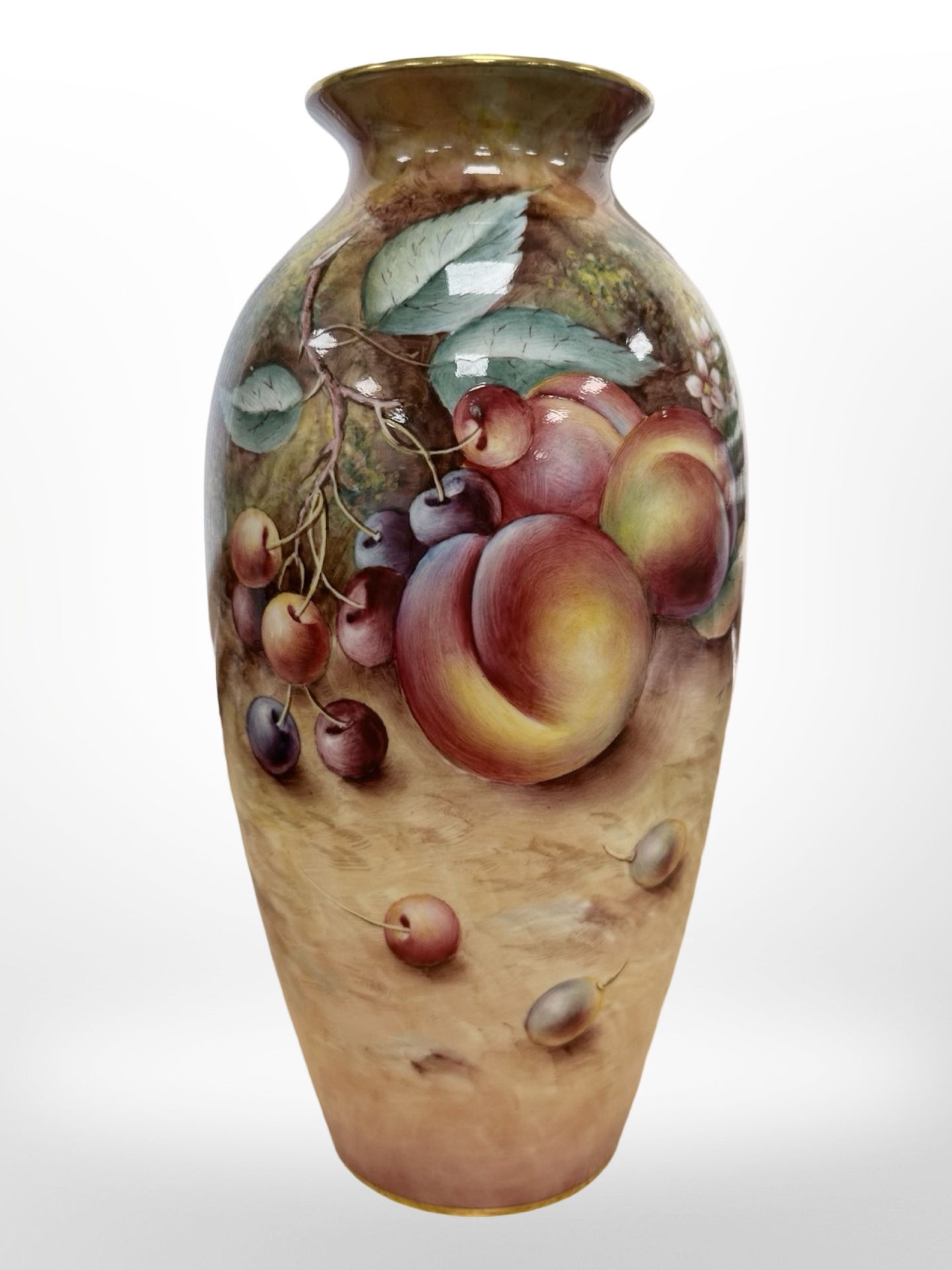A Royal Worcester vase, hand painted with fruit, black mark to base, numbered 2160, signed T Nutt, - Image 2 of 5