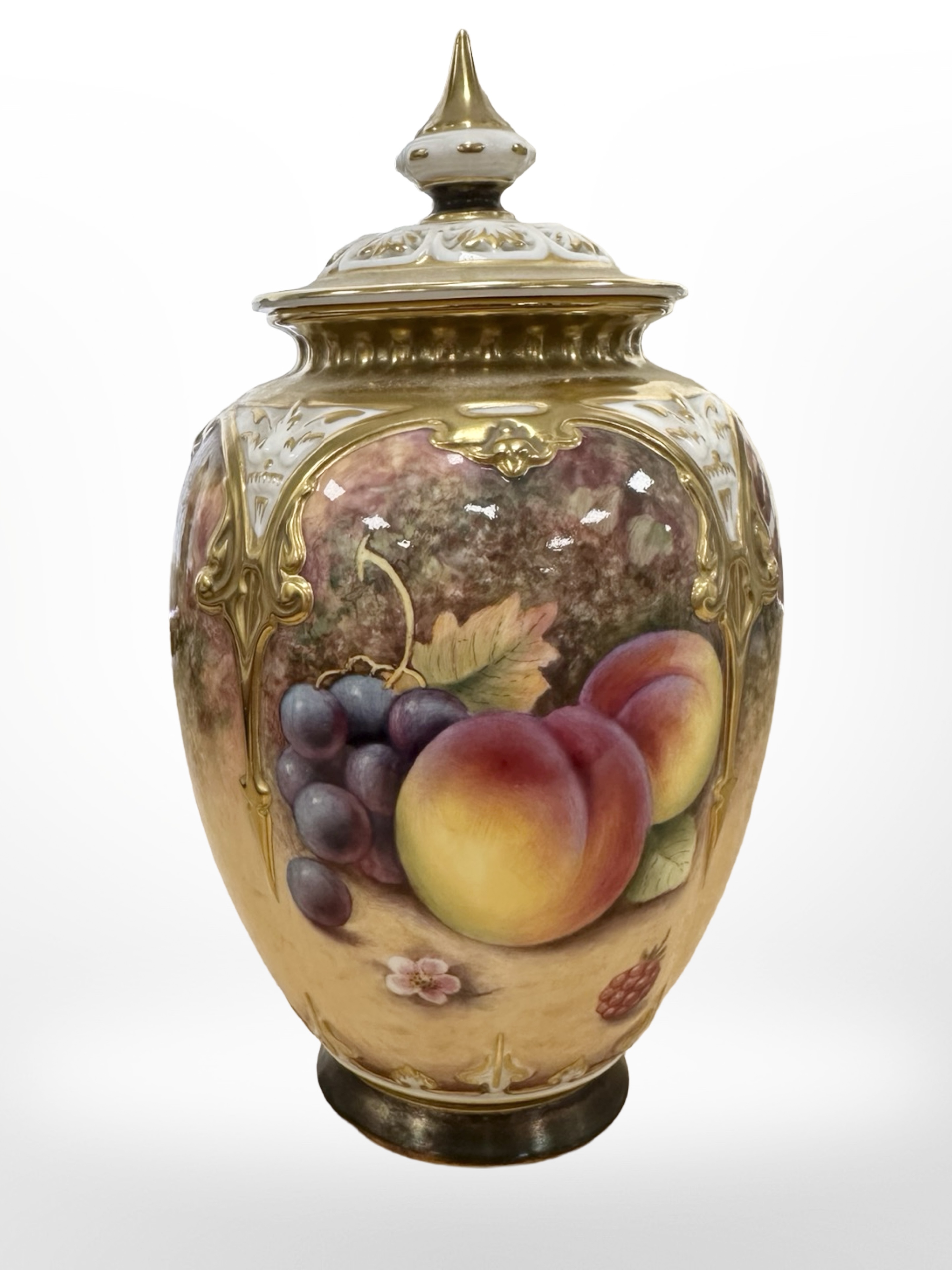 A Royal Worcester urn with cover, hand painted with fruit, black mark to base, numbered 169, - Image 3 of 6