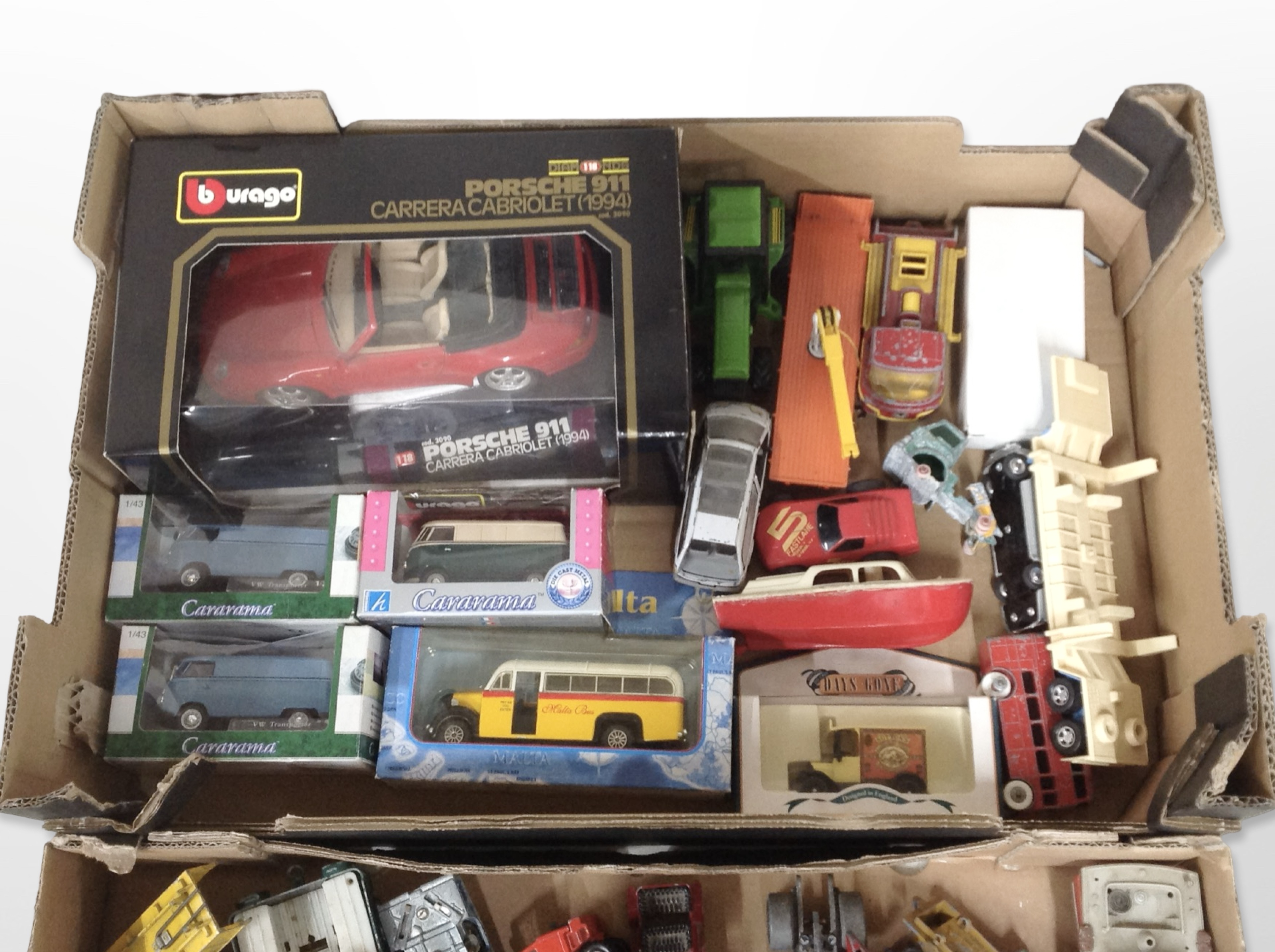 A group of die-cast vehicles including boxed Burago Porsche 911, Corgi and Dinky cars, etc.