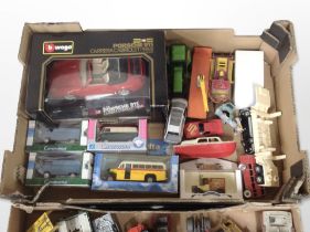 A group of die-cast vehicles including boxed Burago Porsche 911, Corgi and Dinky cars, etc.