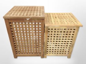 Two 20th-century teak lattice laundry hampers, largest 48cm wide.