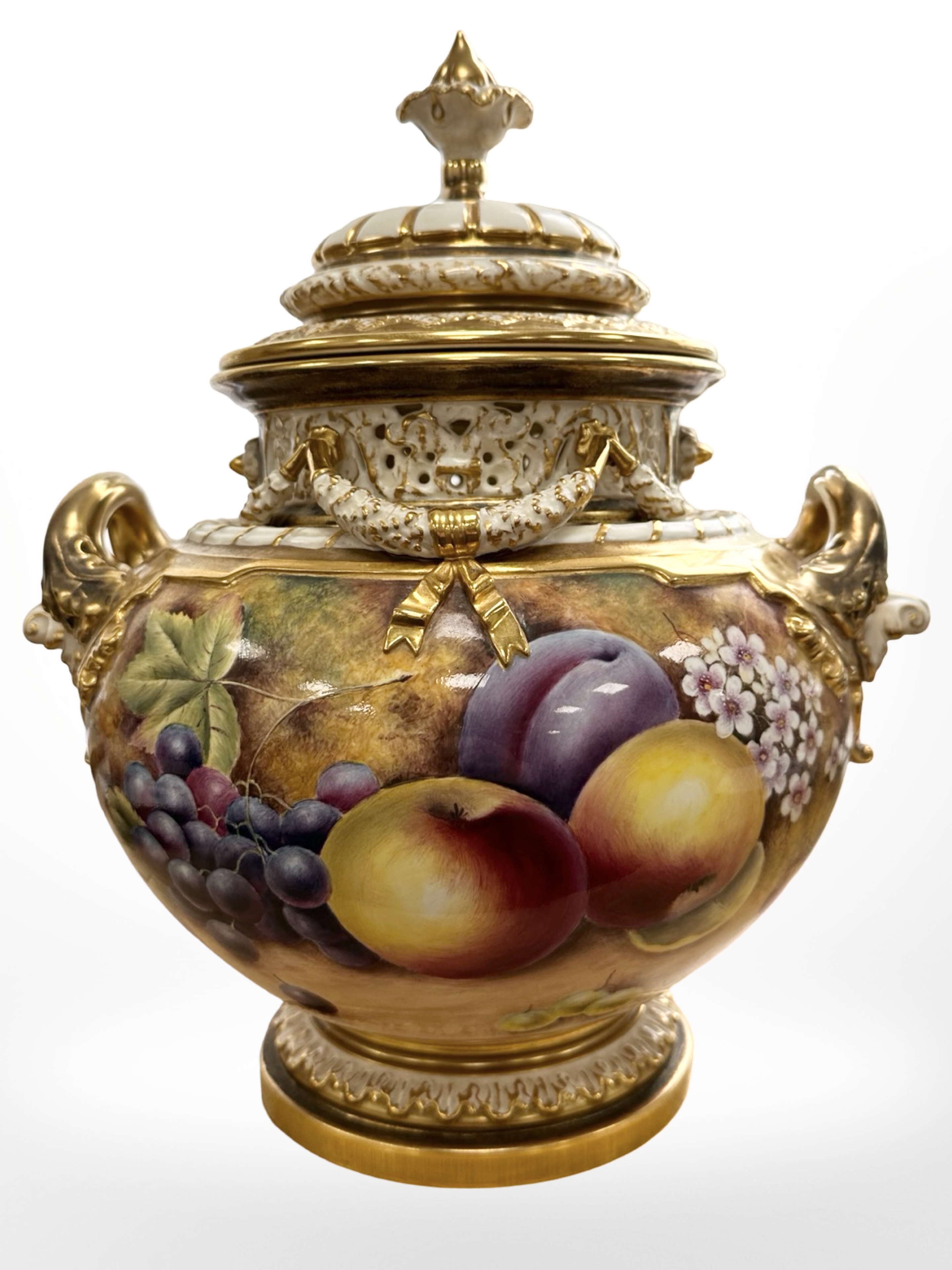 A Royal Worcester twin handled pot pourri vase and cover, shape 1428, - Image 2 of 5