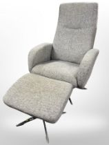 A contemporary Scandinavian swivel armchair in grey upholstery on chrome pedestal support with