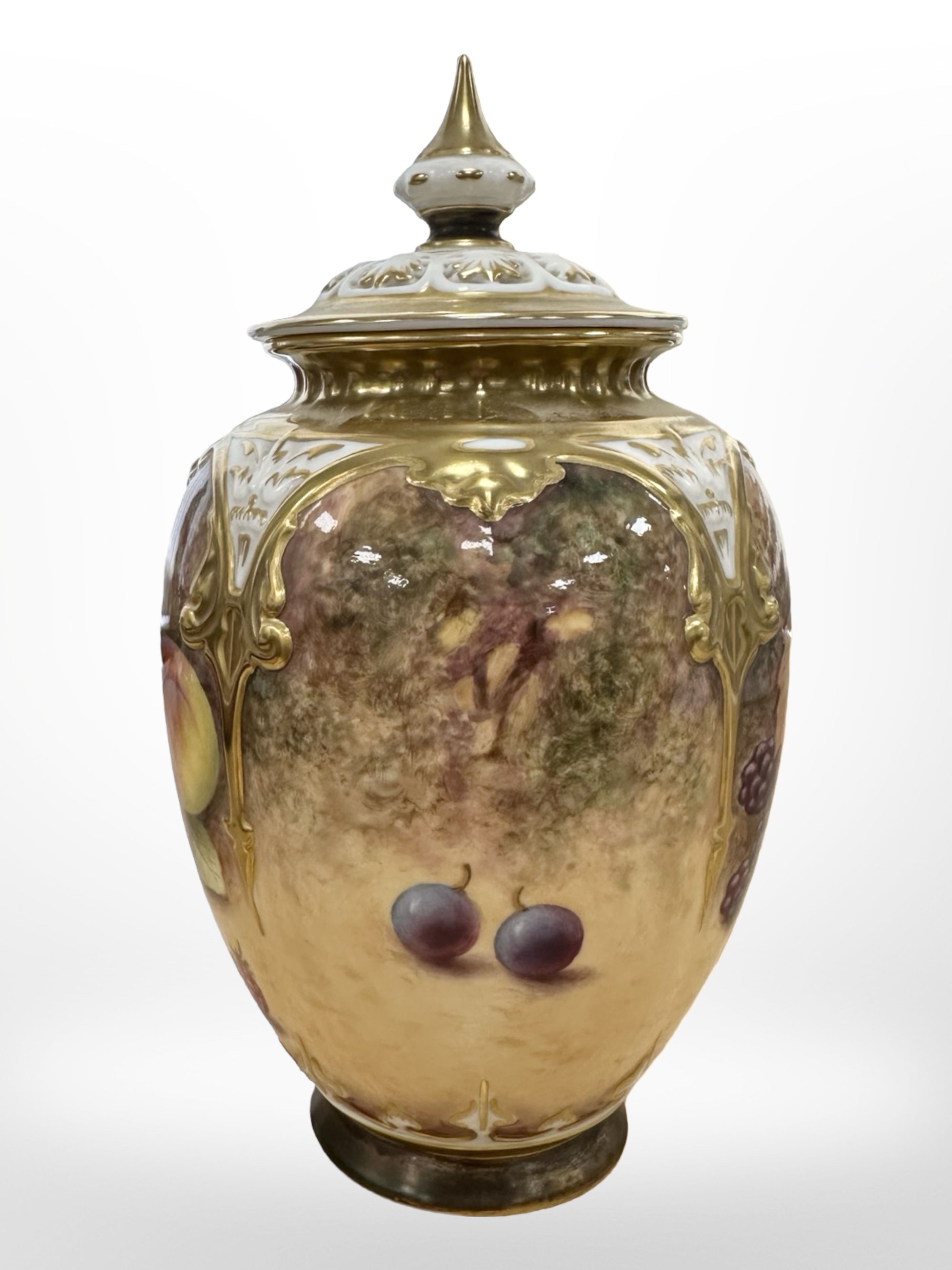 A Royal Worcester urn with cover, hand painted with fruit, black mark to base, numbered 169, - Image 2 of 6