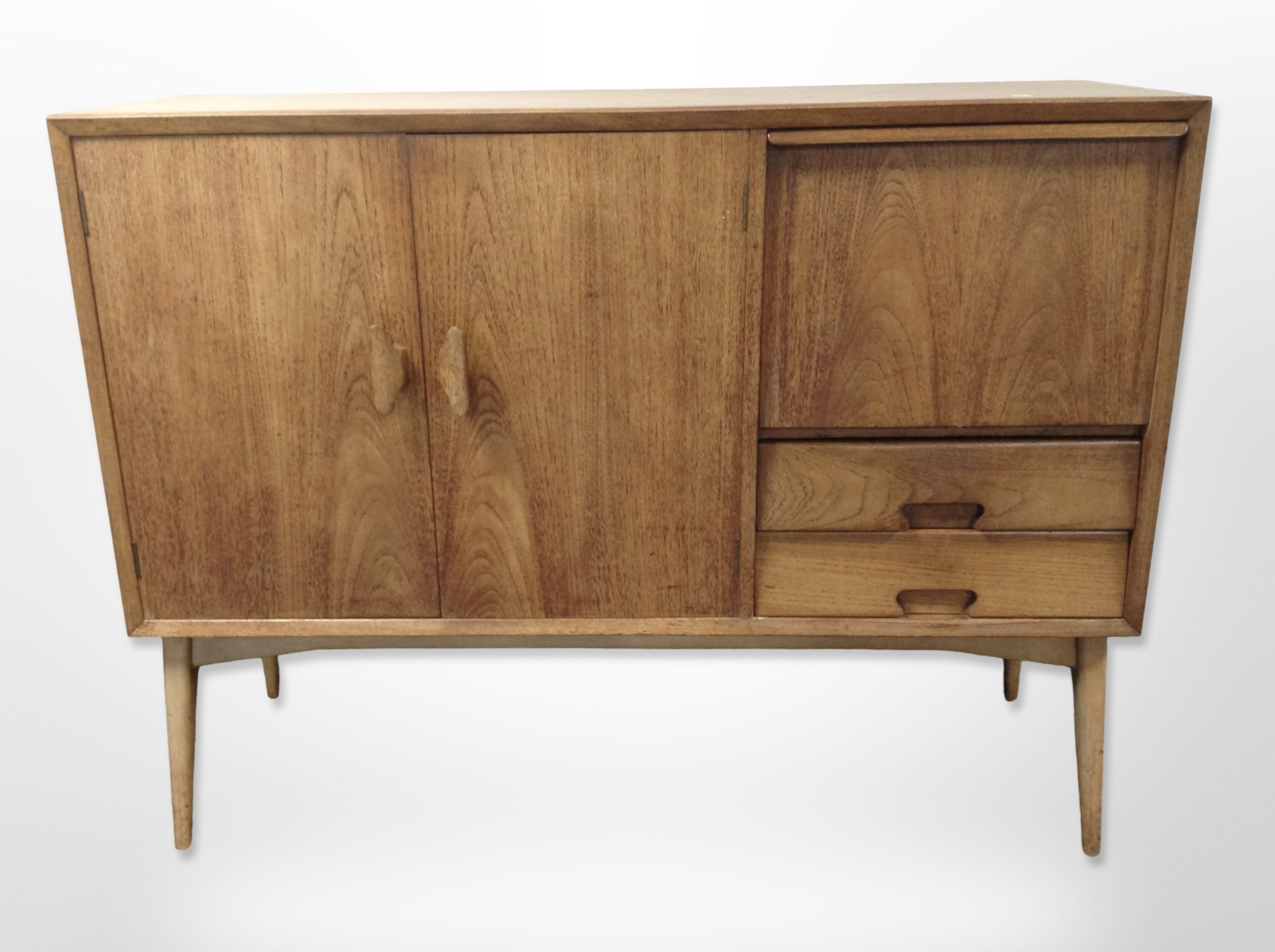 A 20th-century Frederick Restall teak sideboard fitted two cupboard doors, falling door cabinet,