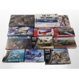 12 Revell, Airfix, Academy and Italeri scale modelling sets to include military aircraft and tanks,