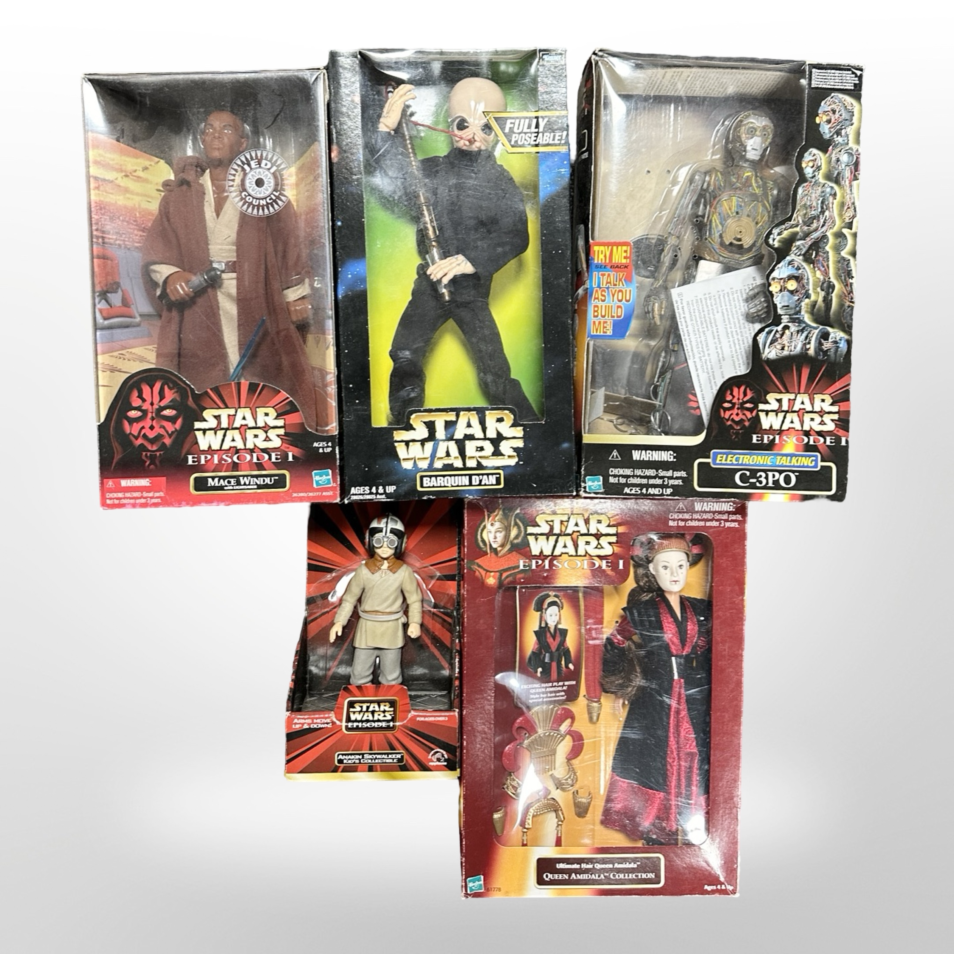 Four Hasbro Star Wars Episode I figurines, plus a further Action Collection figure, boxed.