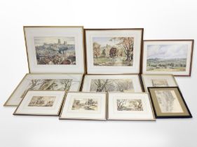 A group of pictures and prints including a watercolour of Durham Cathedral by W Allder,