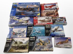 12 Revell, Airfix and Academy scale modelling sets to include military aircraft and tanks,