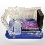 A group of crystal photograph frames, decanters including boxed Edinburgh crystal example,