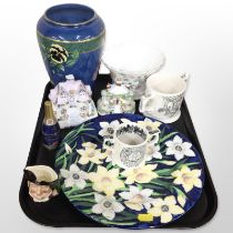 A group of ceramics including Maling cobalt blue ground vase decorated with butterflies,