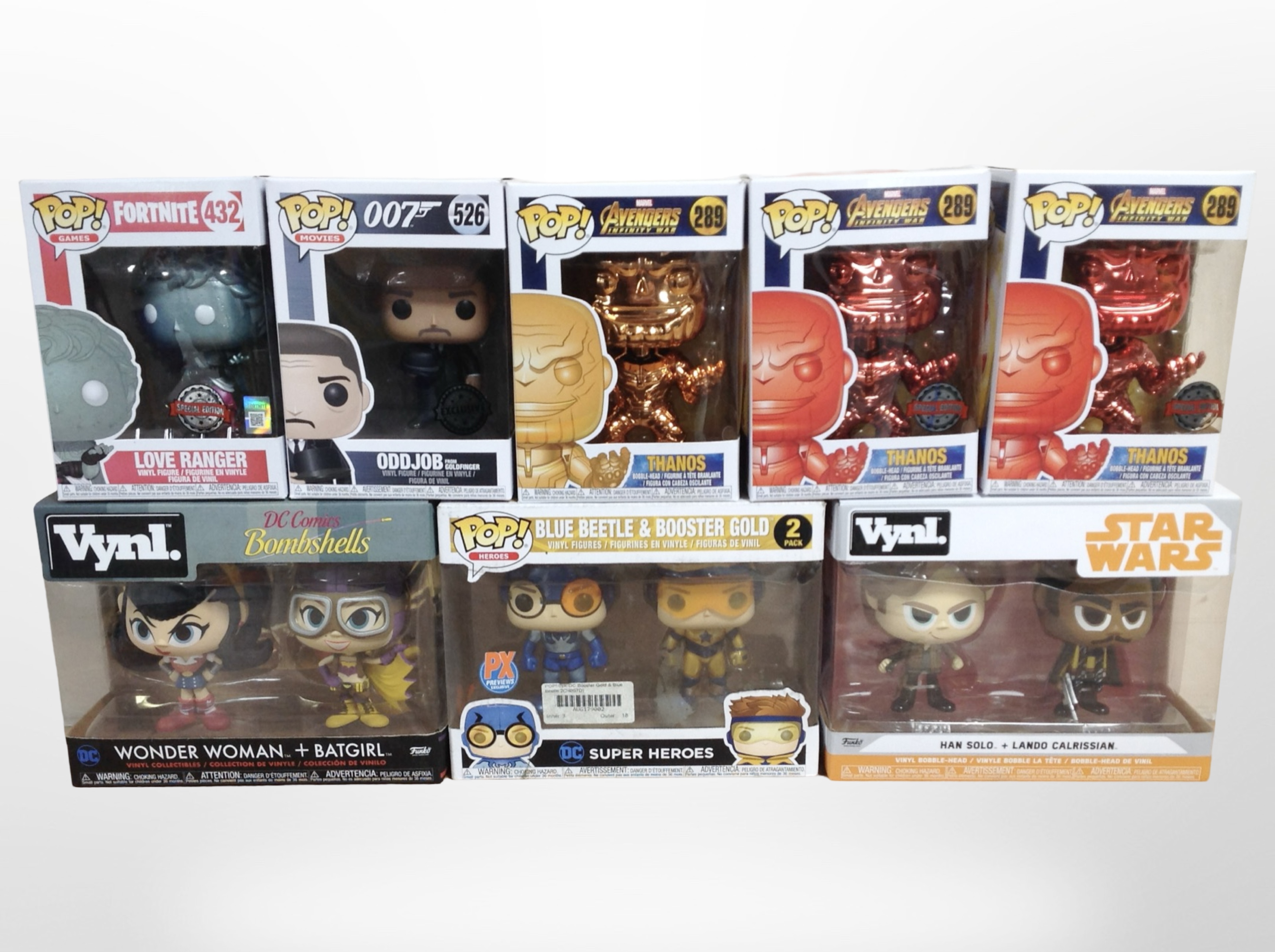 Eight Funko Pop! figurines including Marvel, Star Wars, etc., boxed.