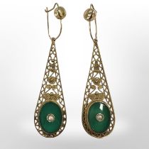 A pair of high-carat gold jade and pearl earrings, length 5cm overall.