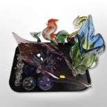 A group of Murano glass items including bird ornaments, vase, large table centrepiece,