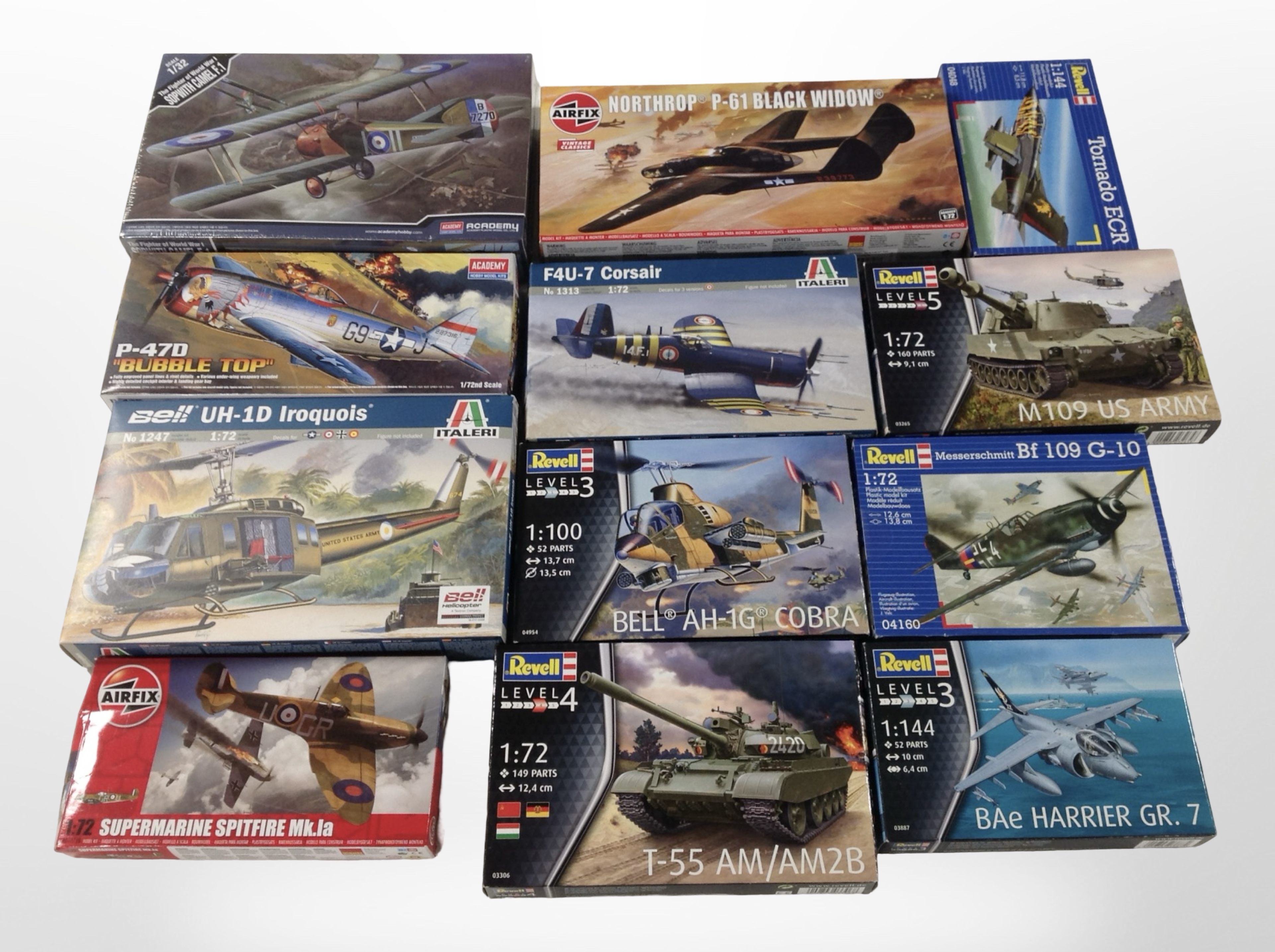 12 Revell, Airfix, Academy and Italeri scale modelling sets to include military aircraft and tanks,
