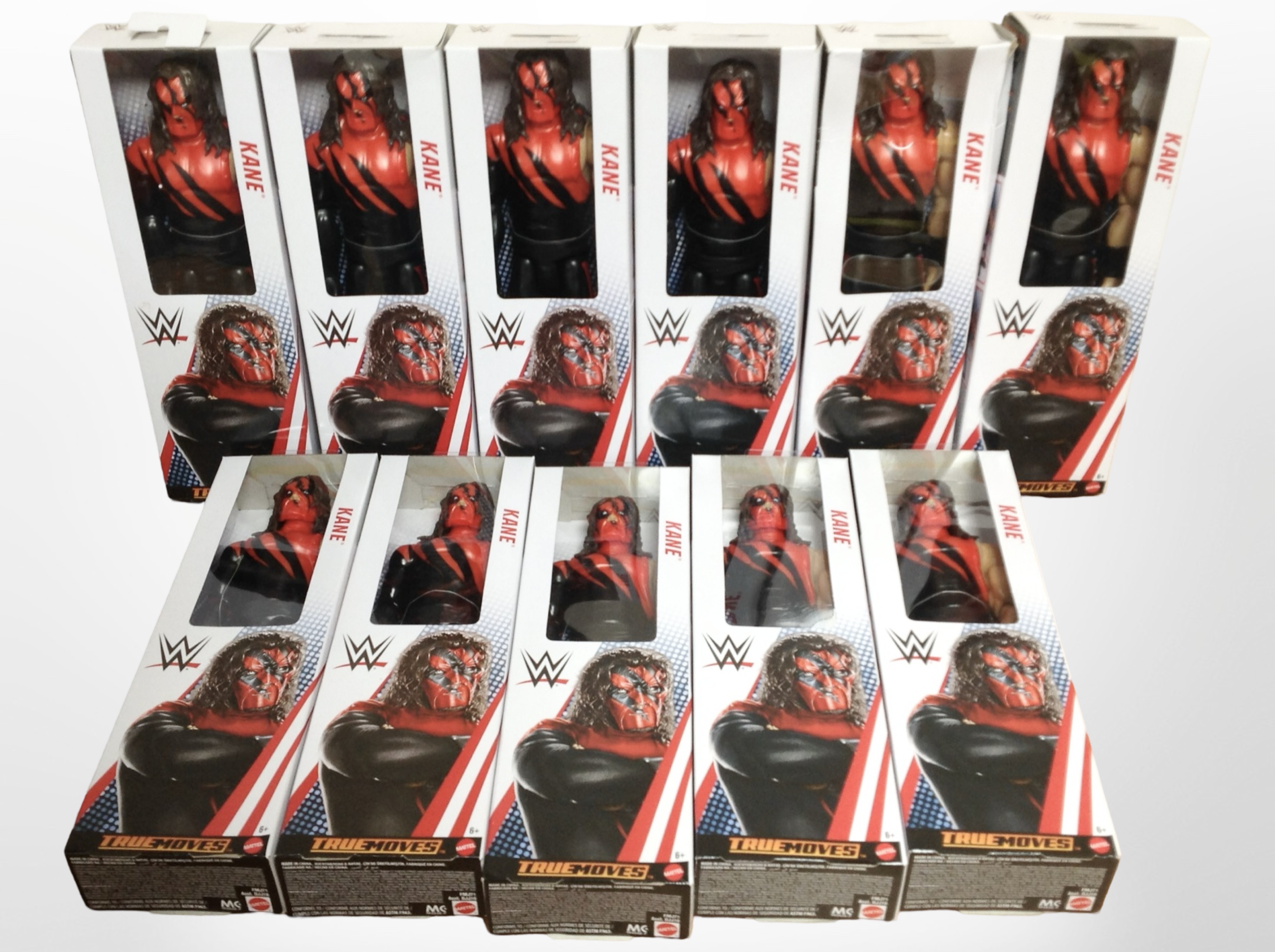 11 Mattel WWE Kane figurines, boxed.