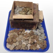 A quantity of British pre-decimal coins, shillings, three pence pieces, copper, etc.