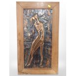 A copper relief panel depicting figures dancing, in teak frame, overall 73cm x 41cm.