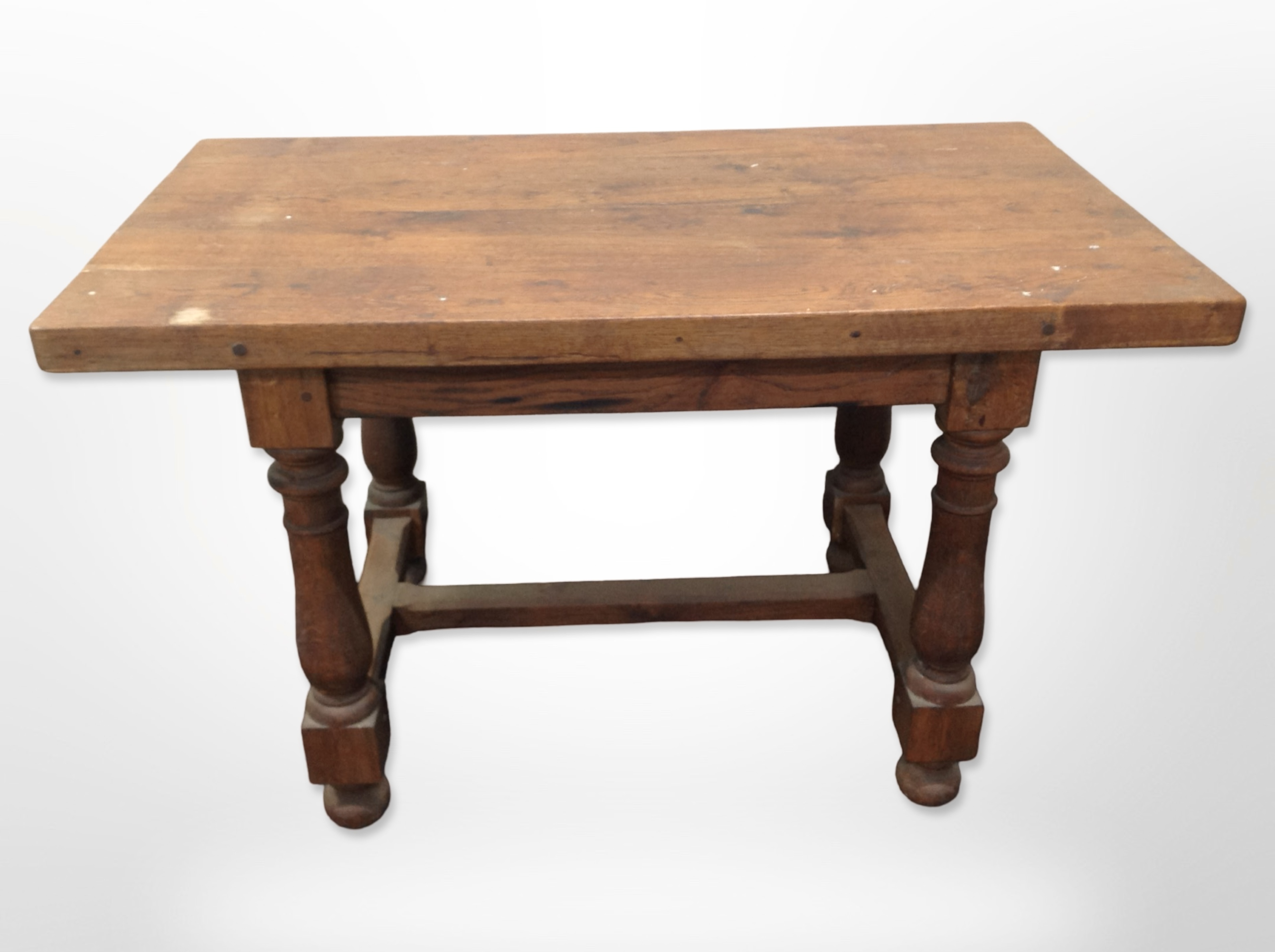 An oak refectory dining table, 120cm long x 68cm wide x 74cm high.