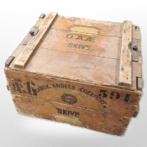 A vintage Danish pine shipping crate bearing advertising, width 65cm.