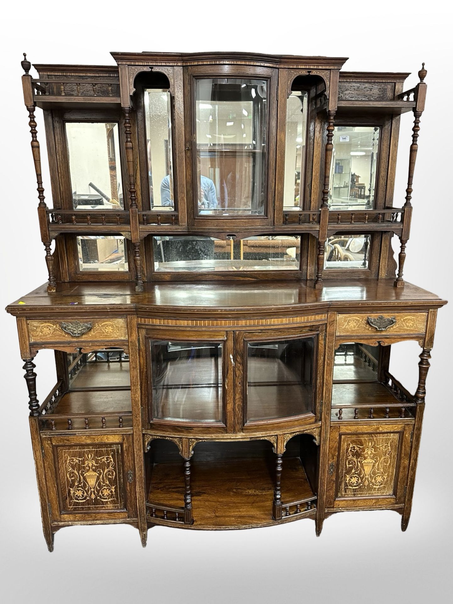 A late-Victorian rosewood and satinwood marquetry-inlaid bow-front display cabinet with gallery top,
