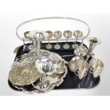 A set of silver-plated goblets on stand, together with an epergne, a salver,