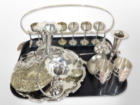A set of silver-plated goblets on stand, together with an epergne, a salver,