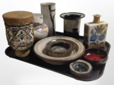 A group of 20th-century continental pottery wares including vases, swirl-glazed jug, shallow dishes,