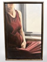 Wendy Tate (Northern British Contemporary) Woman in a red dress, oil on canvas,