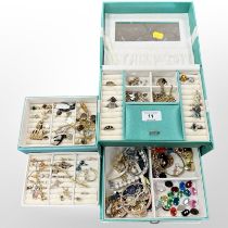 A good box of costume jewellery, silver and silver gilt examples, gold plated jewellery,