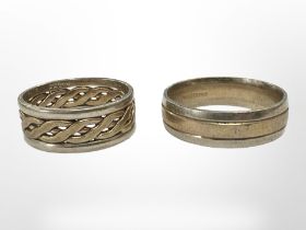 Two 9ct two-tone gold band rings, size N and S, in a black ring box.