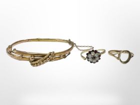An 18ct yellow gold ring (Af), together with a 9ct yellow gold ring (af) and a yellow metal bangle.