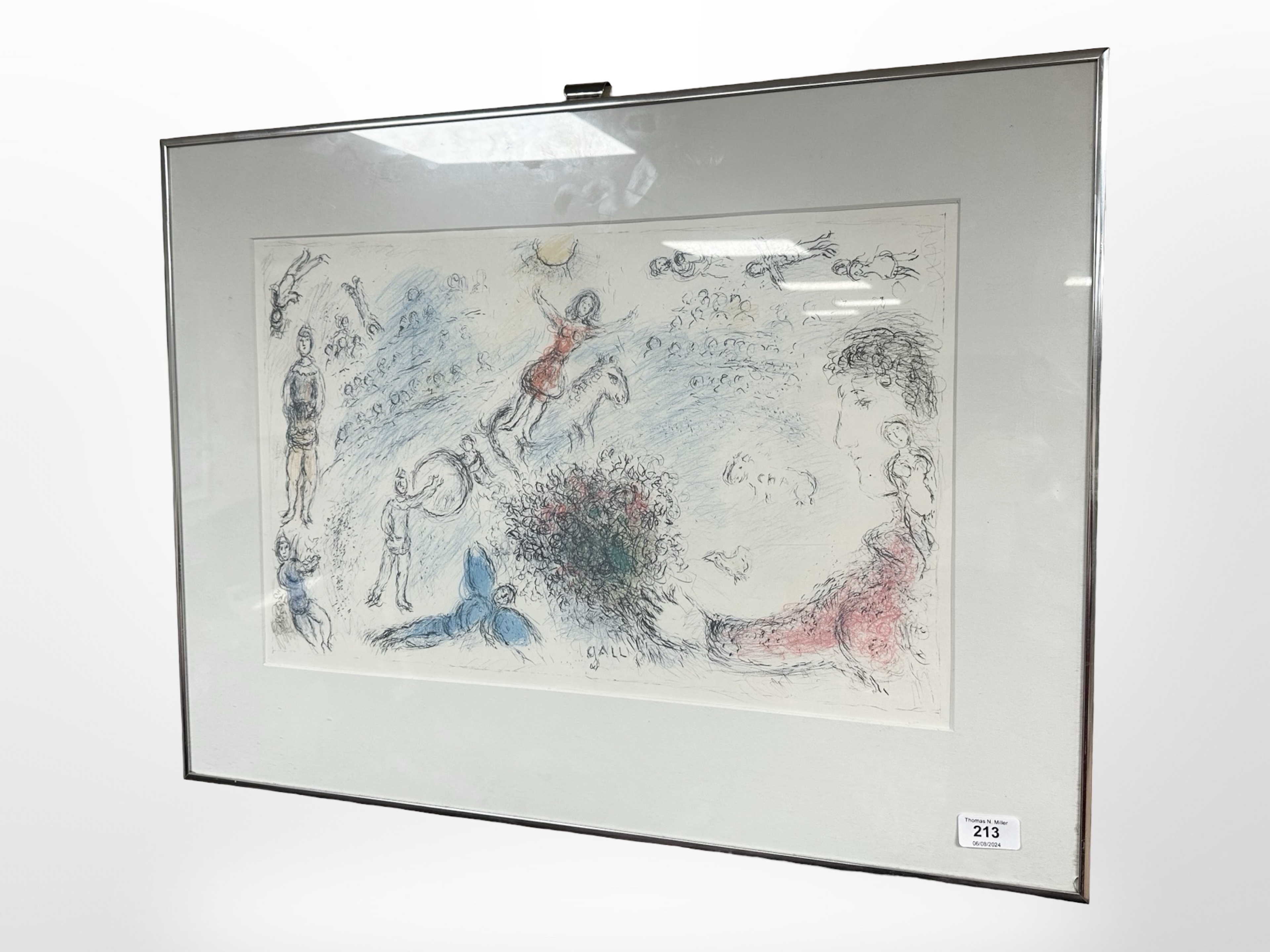 A Danish lithograph with crayon depicting figures, 53cm x 34cm.