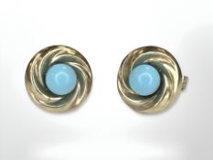 A pair of 9ct yellow gold turquoise earrings