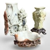 Three pieces of Chinese carved soapstone, tallest 17 cm.