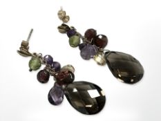 A pair of multistone briolette earrings mounted in 9ct gold, set with smokey quartz,