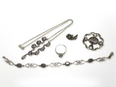 A group of Sterling silver and amethyst jewellery to include brooch, bracelet, pair of earings,